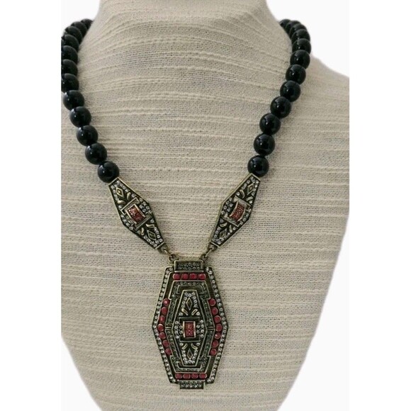 Vintage Heidi Daus Rhinestones & Black Onyx Beads Collar Statement Necklace - Picture 11 of 16